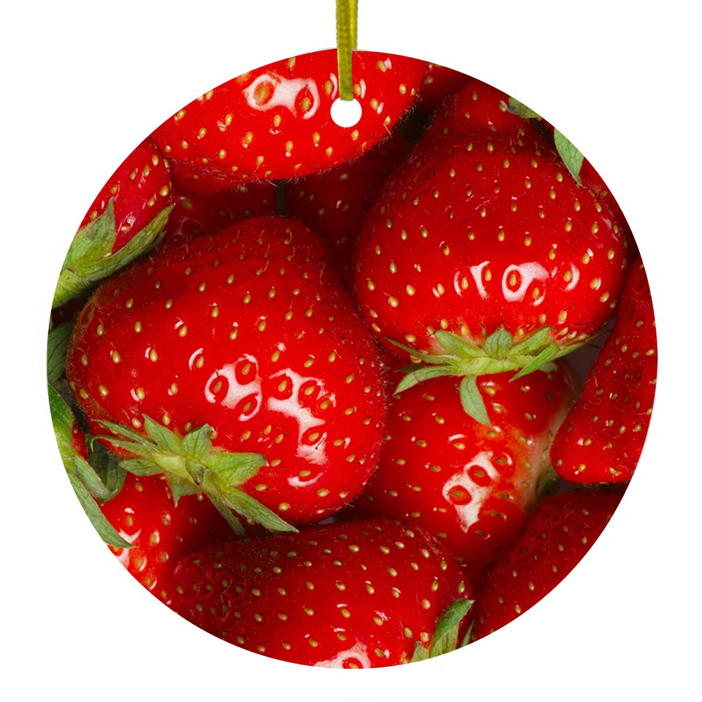 DistinctInk® Hanging Ceramic Christmas Tree Ornament with Gold String - Great Gift / Present - 2 3/4 inch Diameter - Bright Red Strawberries