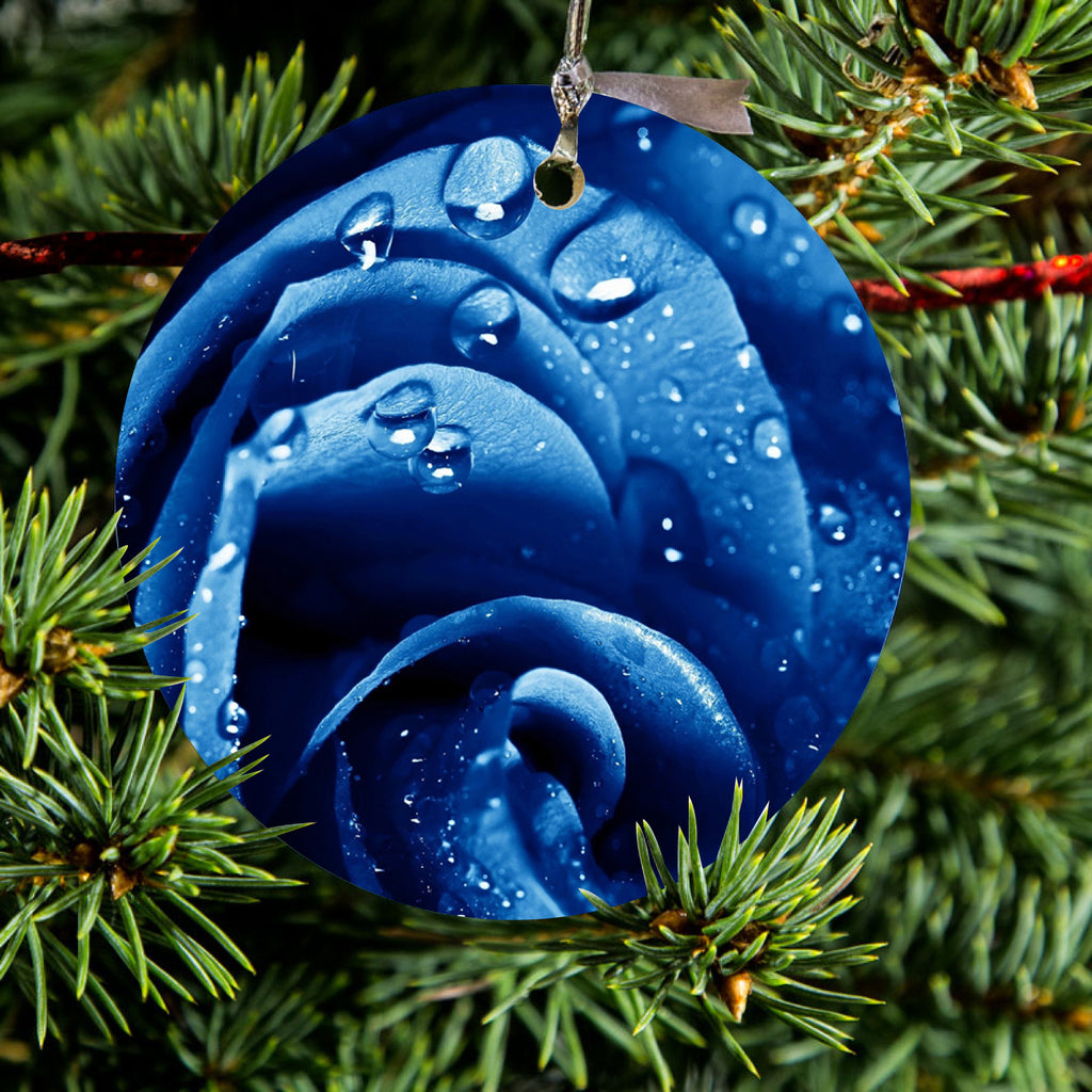 Blue Dew Covered Rose Ceramic Ornament, view 2