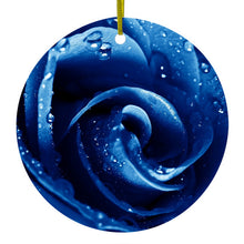 DistinctInk® Hanging Ceramic Christmas Tree Ornament with Gold String - Great Gift / Present - 2 3/4 inch Diameter - Blue Dew Covered Rose