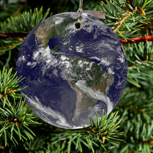 DistinctInk® Hanging Ceramic Christmas Tree Ornament with Gold String - Great Gift / Present - 2 3/4 inch Diameter - Earth Space Western Hemisphere