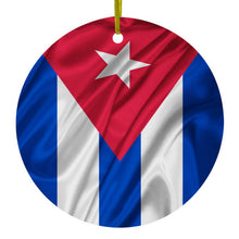 DistinctInk® Hanging Ceramic Christmas Tree Ornament with Gold String - Great Gift / Present - 2 3/4 inch Diameter - Red White Blue Cuban Flag Cuba