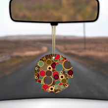 DistinctInk® Hanging Ceramic Christmas Tree Ornament with Gold String - Great Gift / Present - 2 3/4 inch Diameter - Brown Red Yellow Circles