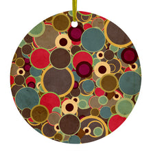 DistinctInk® Hanging Ceramic Christmas Tree Ornament with Gold String - Great Gift / Present - 2 3/4 inch Diameter - Brown Red Yellow Circles