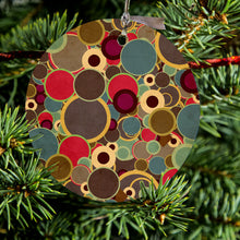 DistinctInk® Hanging Ceramic Christmas Tree Ornament with Gold String - Great Gift / Present - 2 3/4 inch Diameter - Brown Red Yellow Circles