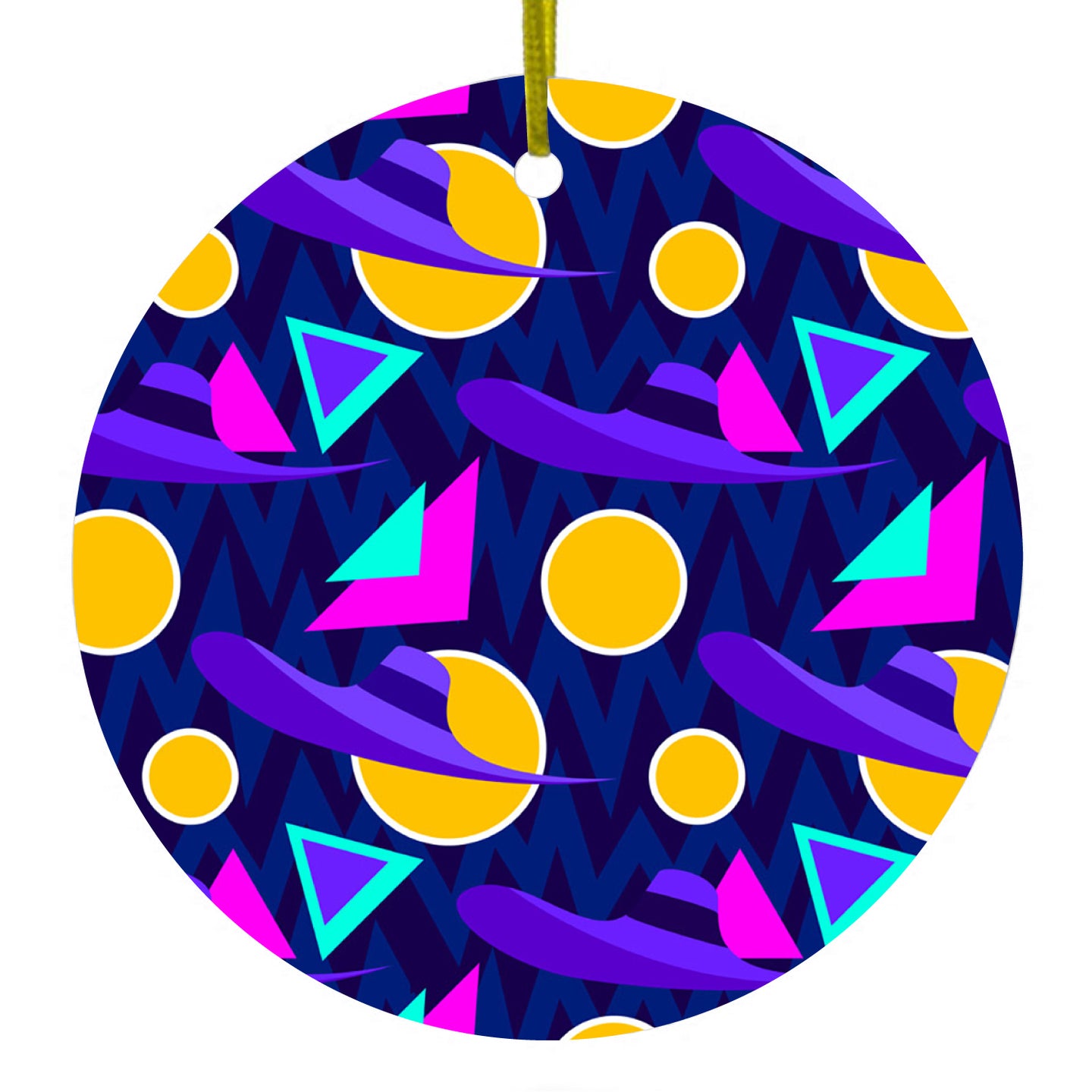 DistinctInk® Hanging Ceramic Christmas Tree Ornament with Gold String - Great Gift / Present - 2 3/4 inch Diameter - Pink Purple Yellow 90s Pattern