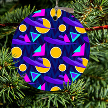 DistinctInk® Hanging Ceramic Christmas Tree Ornament with Gold String - Great Gift / Present - 2 3/4 inch Diameter - Pink Purple Yellow 90s Pattern