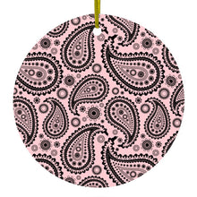 DistinctInk® Hanging Ceramic Christmas Tree Ornament with Gold String - Great Gift / Present - 2 3/4 inch Diameter - Black & Pink Paisley