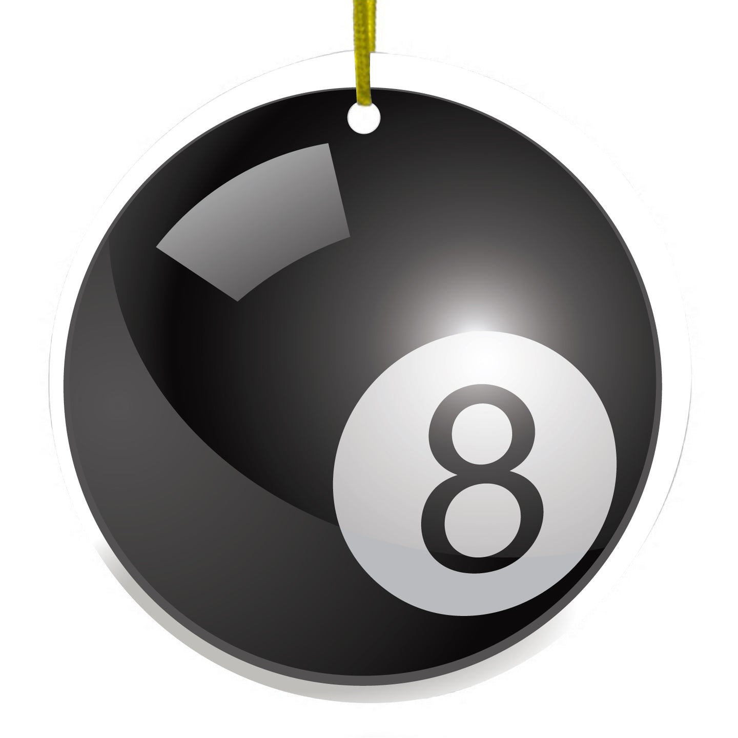 DistinctInk® Hanging Ceramic Christmas Tree Ornament with Gold String - Great Gift / Present - 2 3/4 inch Diameter - Black Eight Ball 8