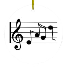 DistinctInk® Hanging Ceramic Christmas Tree Ornament with Gold String - Great Gift / Present - 2 3/4 inch Diameter - Treble Staff Music Notes