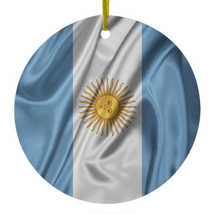 DistinctInk® Hanging Ceramic Christmas Tree Ornament with Gold String - Great Gift / Present - 2 3/4 inch Diameter - Argentina Waving Flag