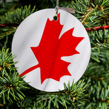 DistinctInk® Hanging Ceramic Christmas Tree Ornament with Gold String - Great Gift / Present - 2 3/4 inch Diameter - Red White Canadian Flag Canada