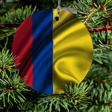 DistinctInk® Hanging Ceramic Christmas Tree Ornament with Gold String - Great Gift / Present - 2 3/4 inch Diameter - Colombia Waving Flag