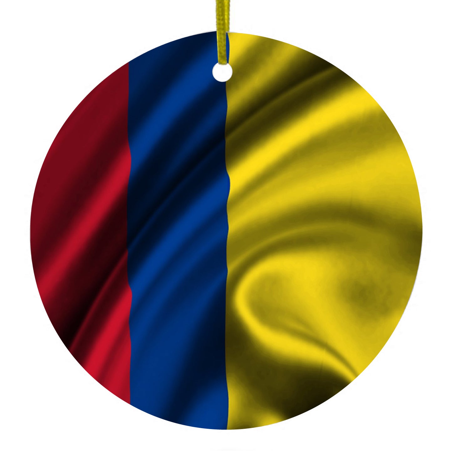 DistinctInk® Hanging Ceramic Christmas Tree Ornament with Gold String - Great Gift / Present - 2 3/4 inch Diameter - Colombia Waving Flag