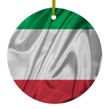 DistinctInk® Hanging Ceramic Christmas Tree Ornament with Gold String - Great Gift / Present - 2 3/4 inch Diameter - Italian Flag Italy Waving Red White Green