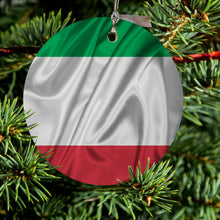 DistinctInk® Hanging Ceramic Christmas Tree Ornament with Gold String - Great Gift / Present - 2 3/4 inch Diameter - Italian Flag Italy Waving Red White Green
