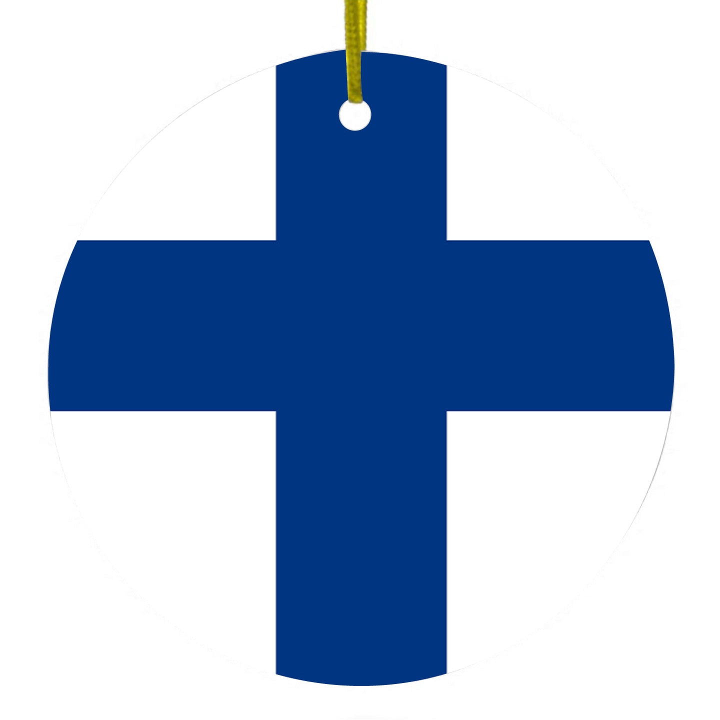 DistinctInk® Hanging Ceramic Christmas Tree Ornament with Gold String - Great Gift / Present - 2 3/4 inch Diameter - Finland Flag