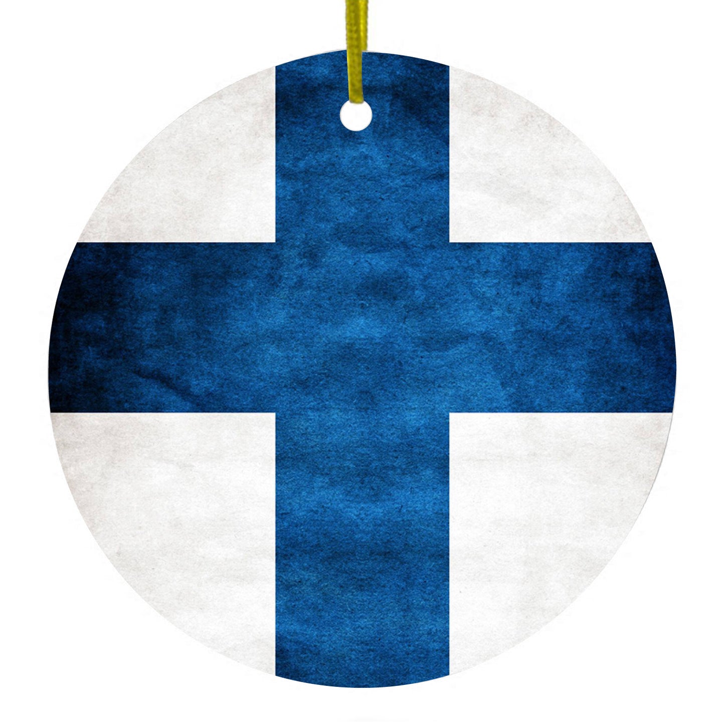 DistinctInk® Hanging Ceramic Christmas Tree Ornament with Gold String - Great Gift / Present - 2 3/4 inch Diameter - Finland Old Flag