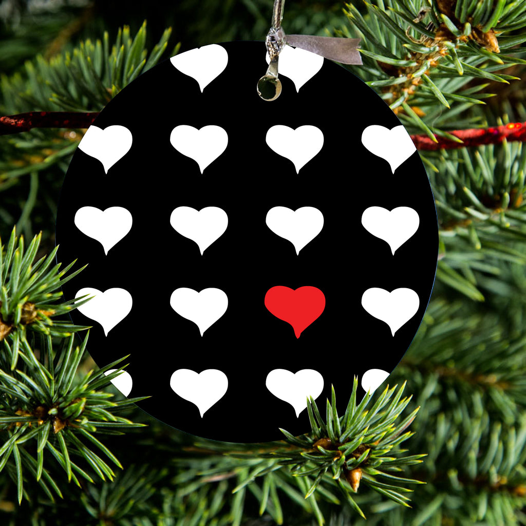 Red White Black Repeating Hearts Ceramic Ornament, view 2