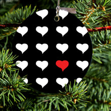 DistinctInk® Hanging Ceramic Christmas Tree Ornament with Gold String - Great Gift / Present - 2 3/4 inch Diameter - Red White Black Repeating Hearts