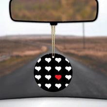 DistinctInk® Hanging Ceramic Christmas Tree Ornament with Gold String - Great Gift / Present - 2 3/4 inch Diameter - Red White Black Repeating Hearts