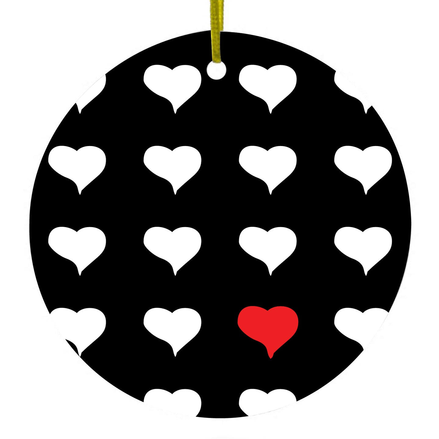 DistinctInk® Hanging Ceramic Christmas Tree Ornament with Gold String - Great Gift / Present - 2 3/4 inch Diameter - Red White Black Repeating Hearts