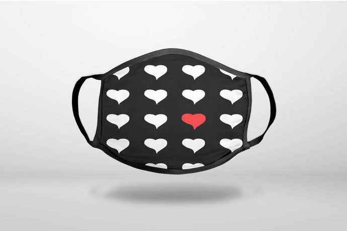 Red White Black Repeating Hearts - 3-Ply Reusable Soft Face Mask Covering, Unisex, Cotton Inner Layer