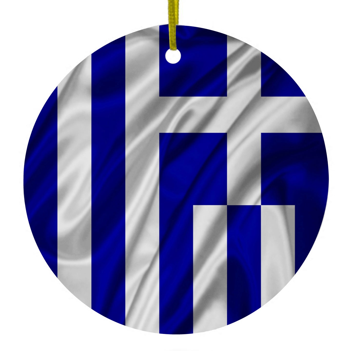 DistinctInk® Hanging Ceramic Christmas Tree Ornament with Gold String - Great Gift / Present - 2 3/4 inch Diameter - Greece Waving Flag