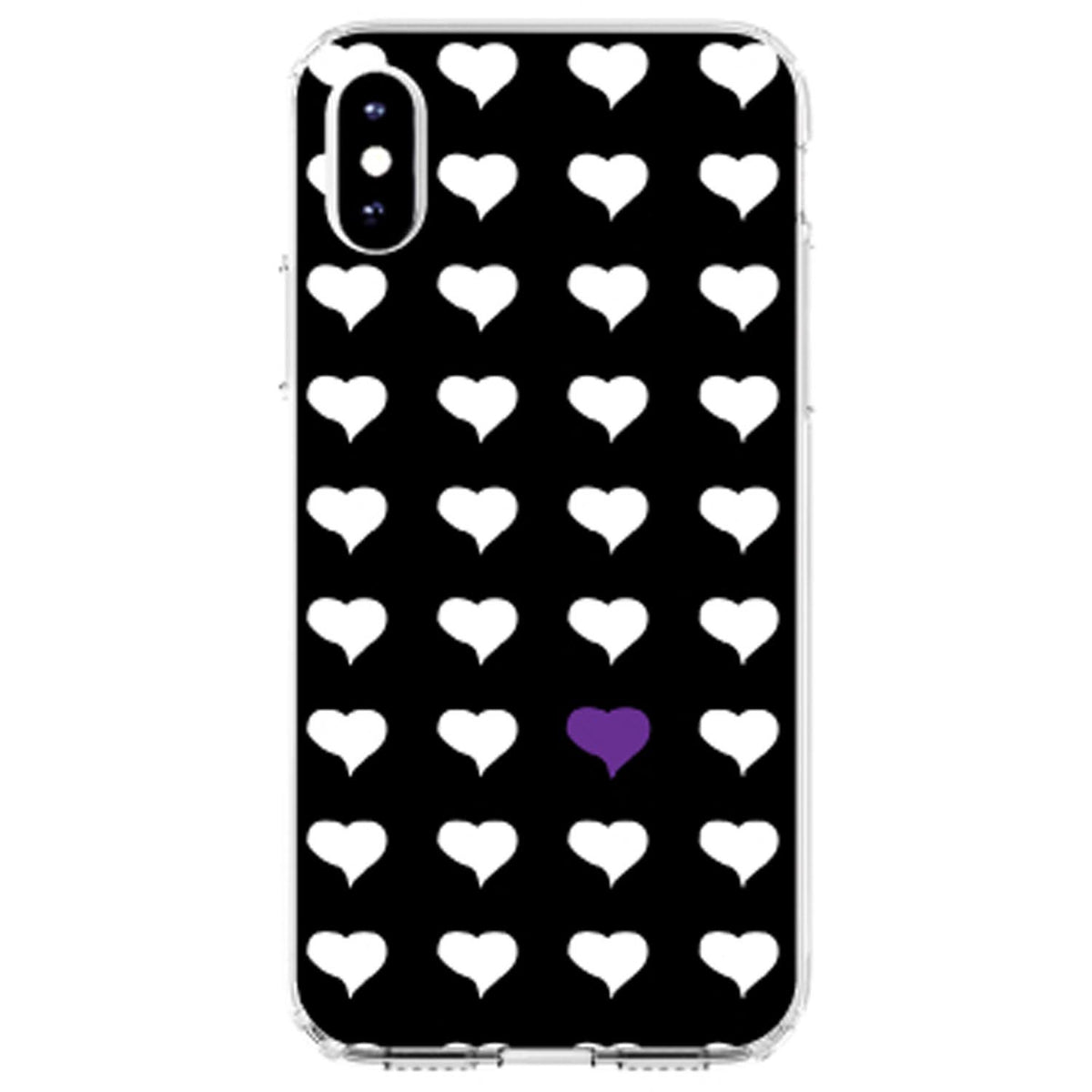 Purple White Black Repeating Hearts Clear Shockproof iPhone Case, view 4