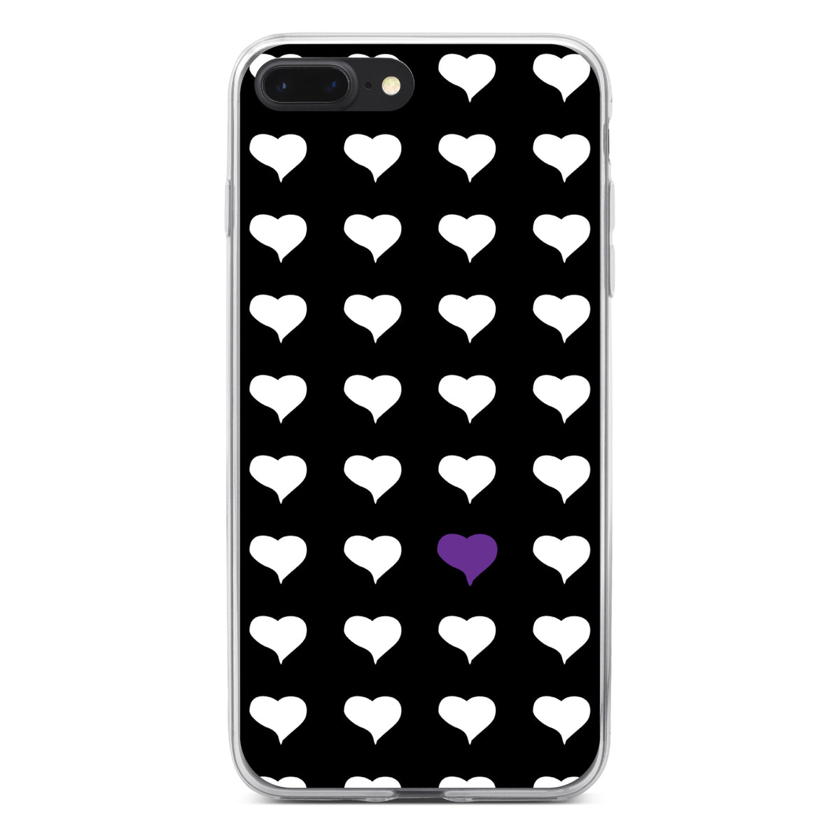 Purple White Black Repeating Hearts Clear Shockproof iPhone Case, view 6