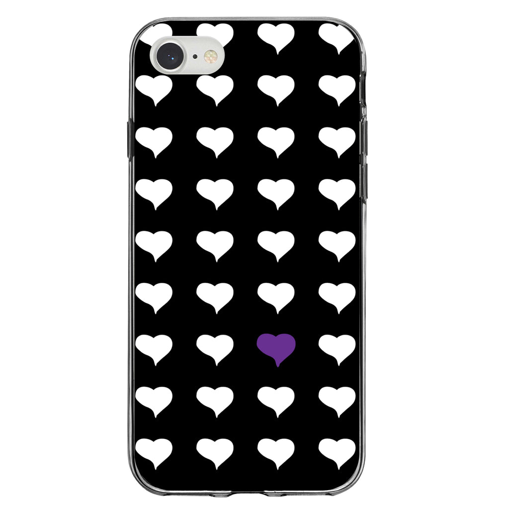Purple White Black Repeating Hearts Clear Shockproof iPhone Case, view 5