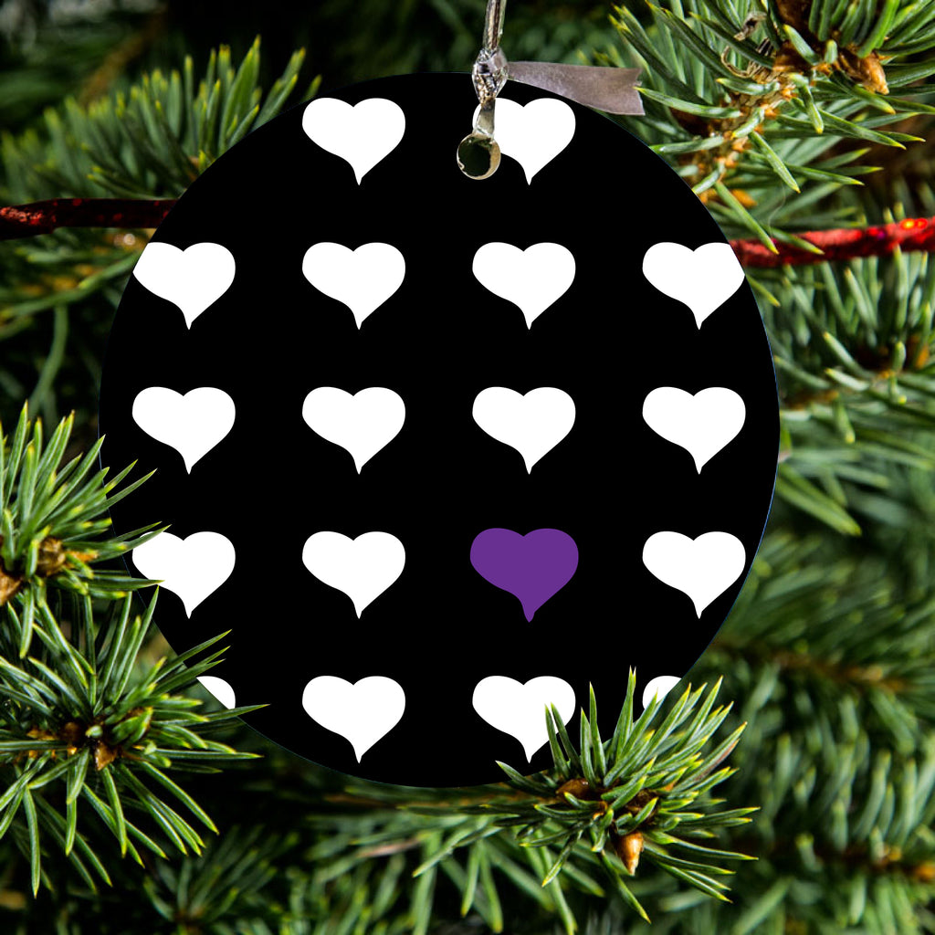 Purple White Black Repeating Hearts Ceramic Ornament, view 2