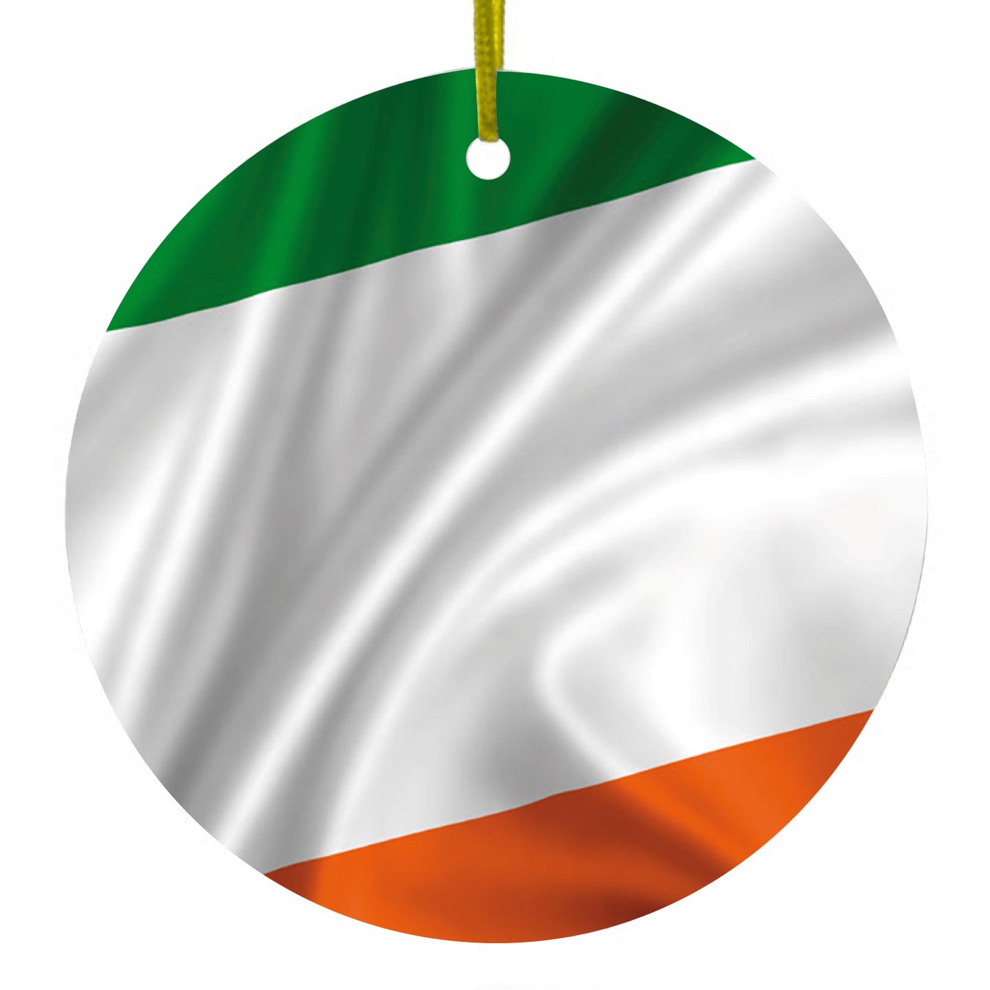 DistinctInk® Hanging Ceramic Christmas Tree Ornament with Gold String - Great Gift / Present - 2 3/4 inch Diameter - Ireland Waving Flag