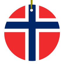 DistinctInk® Hanging Ceramic Christmas Tree Ornament with Gold String - Great Gift / Present - 2 3/4 inch Diameter - Norway Flag Red White Blue