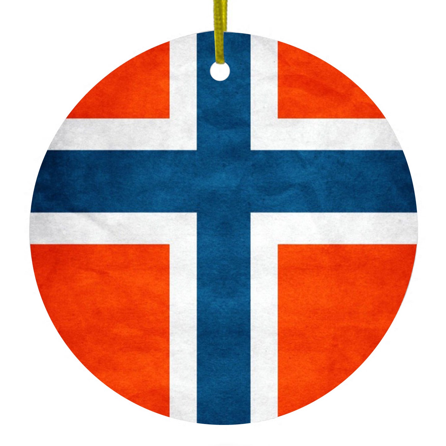 DistinctInk® Hanging Ceramic Christmas Tree Ornament with Gold String - Great Gift / Present - 2 3/4 inch Diameter - Norway Old Flag Red White Blue
