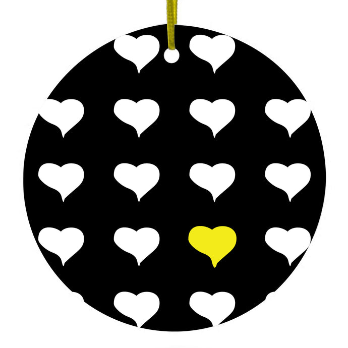 Yellow White Black Repeating Hearts Ceramic Ornament
