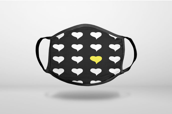 Yellow White Black Repeating Hearts - 3-Ply Reusable Soft Face Mask Covering, Unisex, Cotton Inner Layer