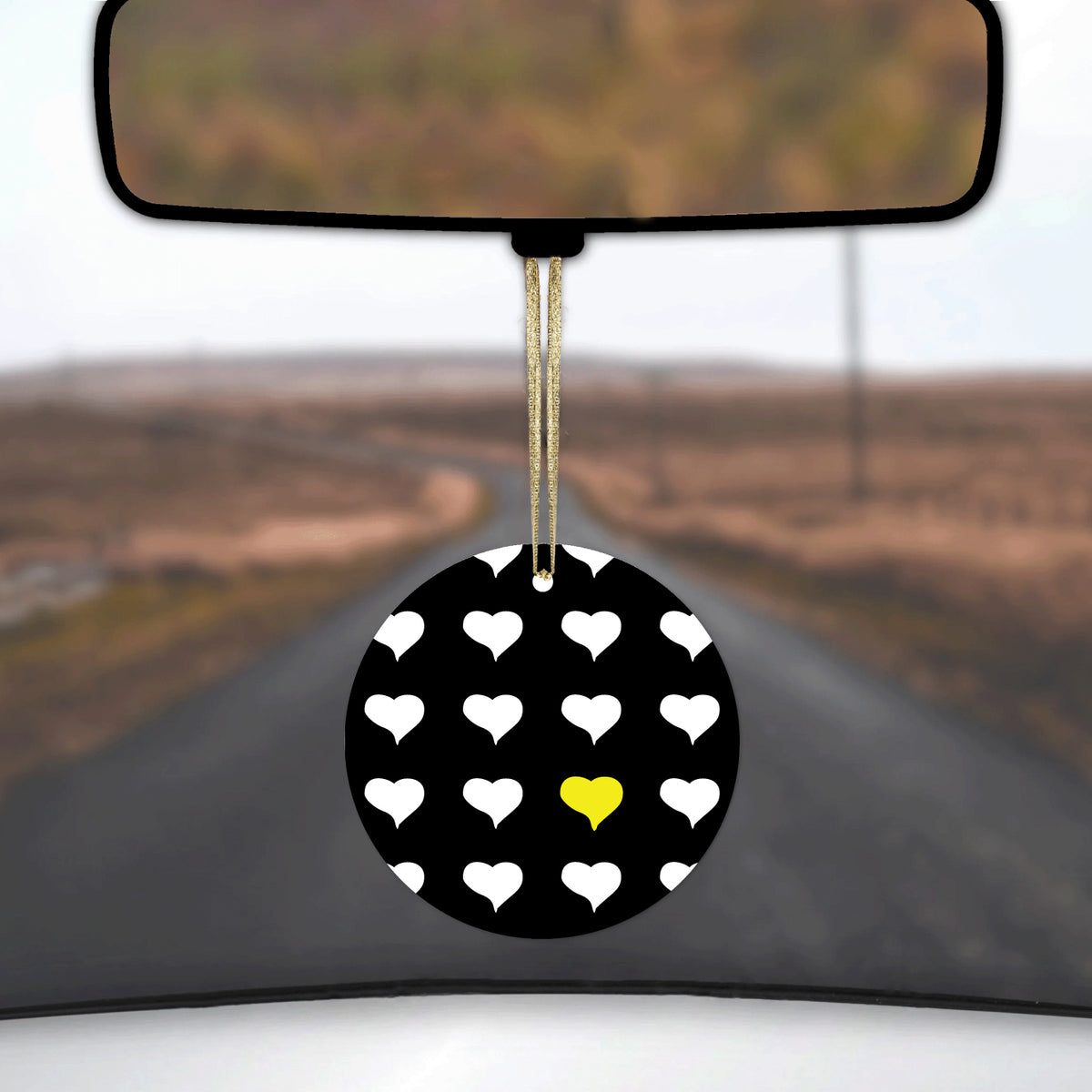 Yellow White Black Repeating Hearts Ceramic Ornament, view 3