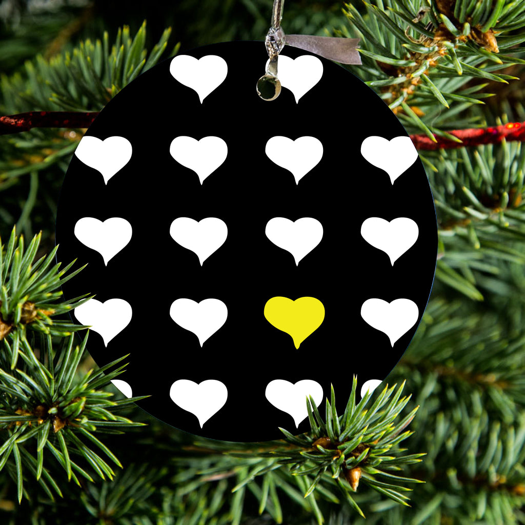 Yellow White Black Repeating Hearts Ceramic Ornament, view 2