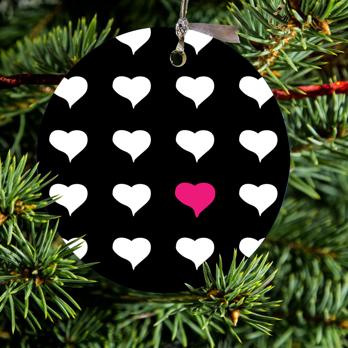 Pink White Black Repeating Hearts Ceramic Ornament, view 2