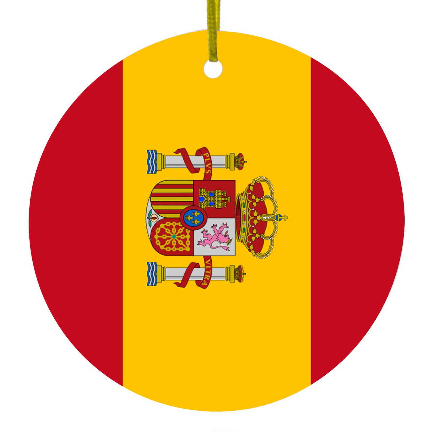 DistinctInk® Hanging Ceramic Christmas Tree Ornament with Gold String - Great Gift / Present - 2 3/4 inch Diameter - Spain Spanish Flag Red Yellow