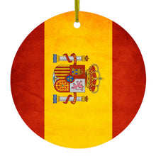 DistinctInk® Hanging Ceramic Christmas Tree Ornament with Gold String - Great Gift / Present - 2 3/4 inch Diameter - Spain Old Weathered Spanish Flag Red Yellow