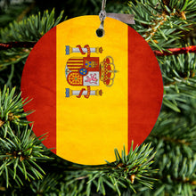 DistinctInk® Hanging Ceramic Christmas Tree Ornament with Gold String - Great Gift / Present - 2 3/4 inch Diameter - Spain Old Weathered Spanish Flag Red Yellow