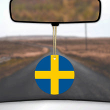 DistinctInk® Hanging Ceramic Christmas Tree Ornament with Gold String - Great Gift / Present - 2 3/4 inch Diameter - Sweden Flag