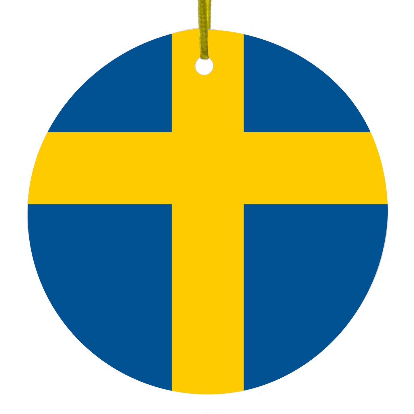 DistinctInk® Hanging Ceramic Christmas Tree Ornament with Gold String - Great Gift / Present - 2 3/4 inch Diameter - Sweden Flag