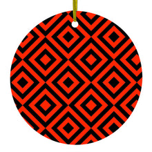 DistinctInk® Hanging Ceramic Christmas Tree Ornament with Gold String - Great Gift / Present - 2 3/4 inch Diameter - Black Red Diamond Pattern Geometric
