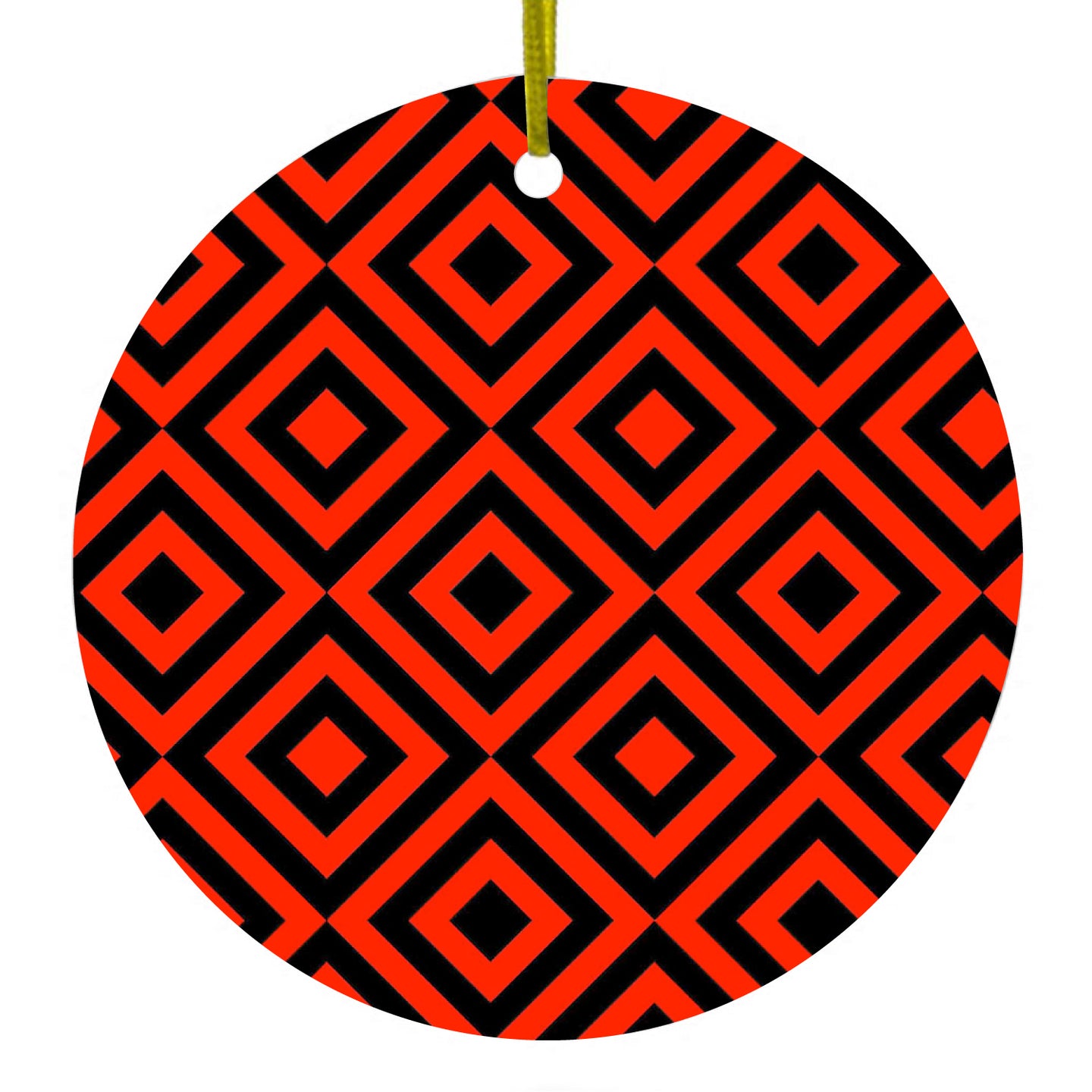 DistinctInk® Hanging Ceramic Christmas Tree Ornament with Gold String - Great Gift / Present - 2 3/4 inch Diameter - Black Red Diamond Pattern Geometric