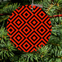 DistinctInk® Hanging Ceramic Christmas Tree Ornament with Gold String - Great Gift / Present - 2 3/4 inch Diameter - Black Red Diamond Pattern Geometric