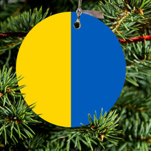 DistinctInk® Hanging Ceramic Christmas Tree Ornament with Gold String - Great Gift / Present - 2 3/4 inch Diameter - Ukraine Flag