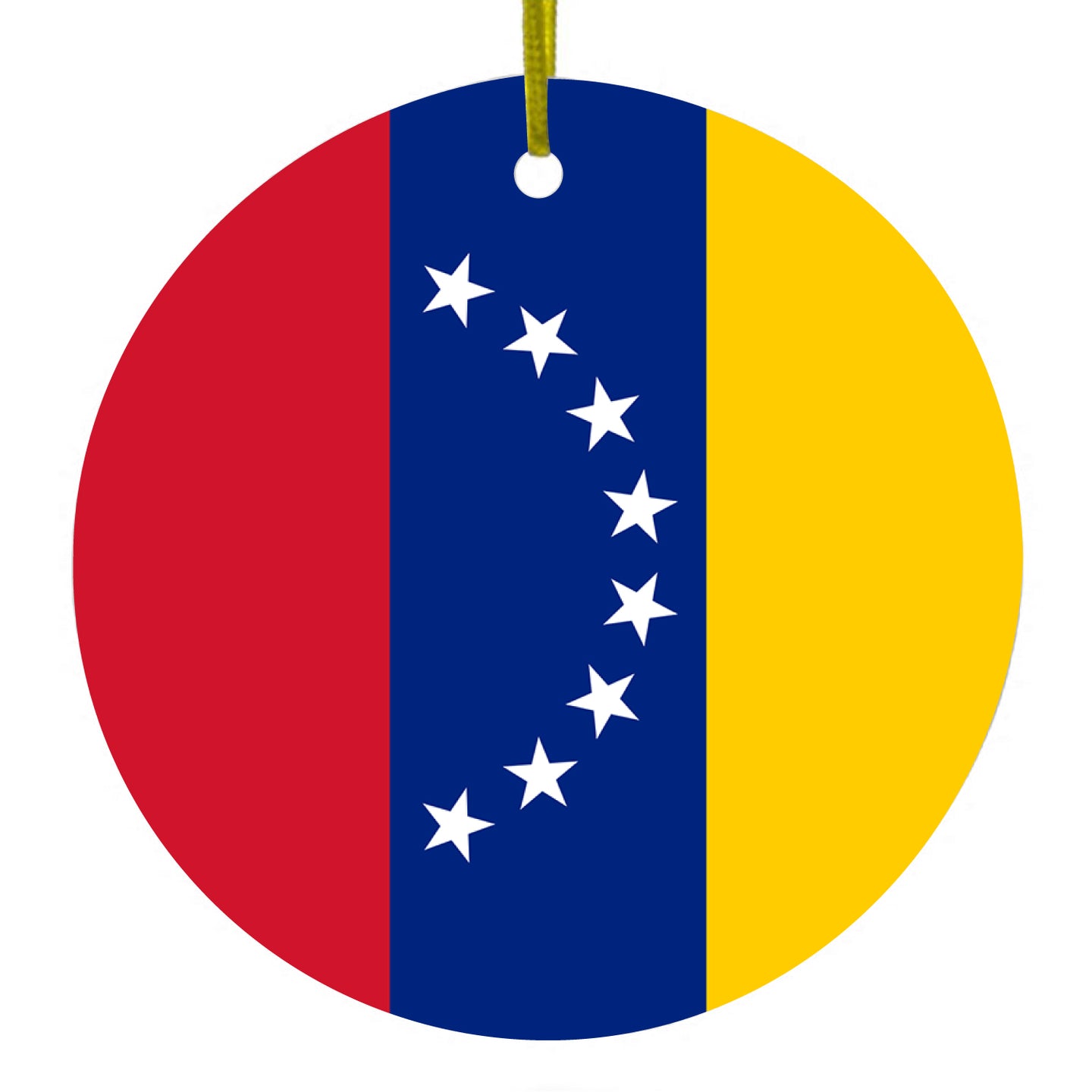 DistinctInk® Hanging Ceramic Christmas Tree Ornament with Gold String - Great Gift / Present - 2 3/4 inch Diameter - Venezuela Flag Red Blue Yellow