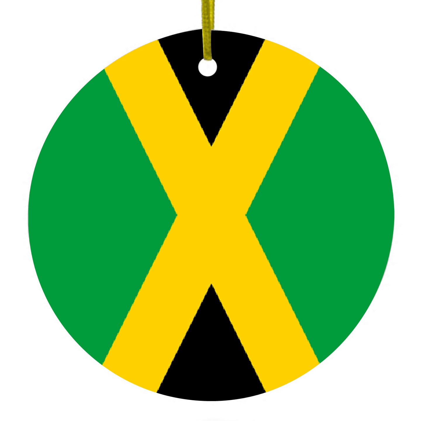 DistinctInk® Hanging Ceramic Christmas Tree Ornament with Gold String - Great Gift / Present - 2 3/4 inch Diameter - Jamaica Flag Black Green Yellow